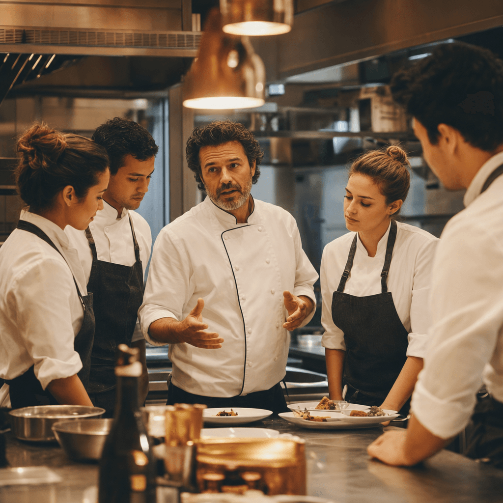 Chef asesorando a equipo de cocina en restaurante profesional