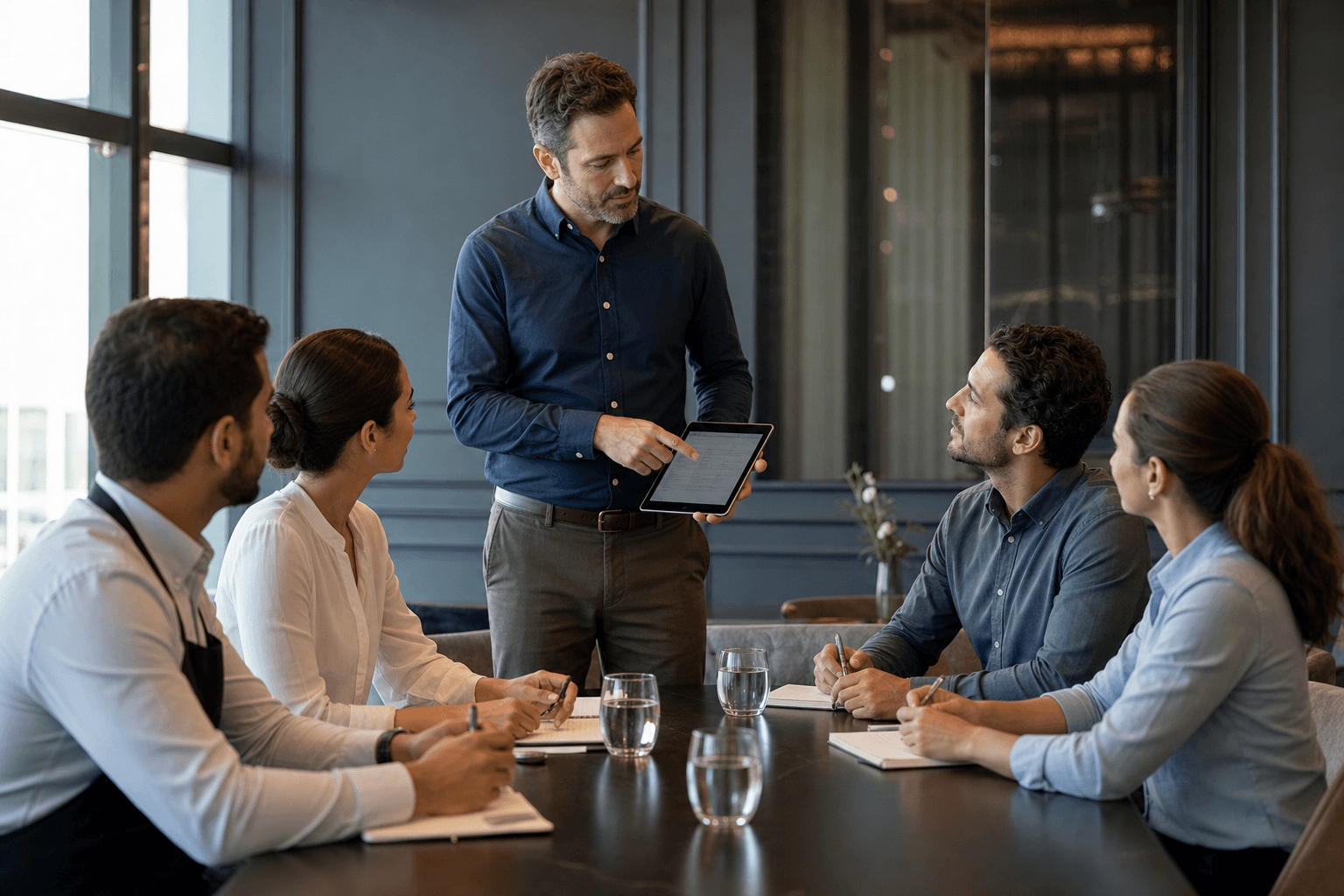 Business consultant advising restaurant staff in a modern office setting with warm natural lighting