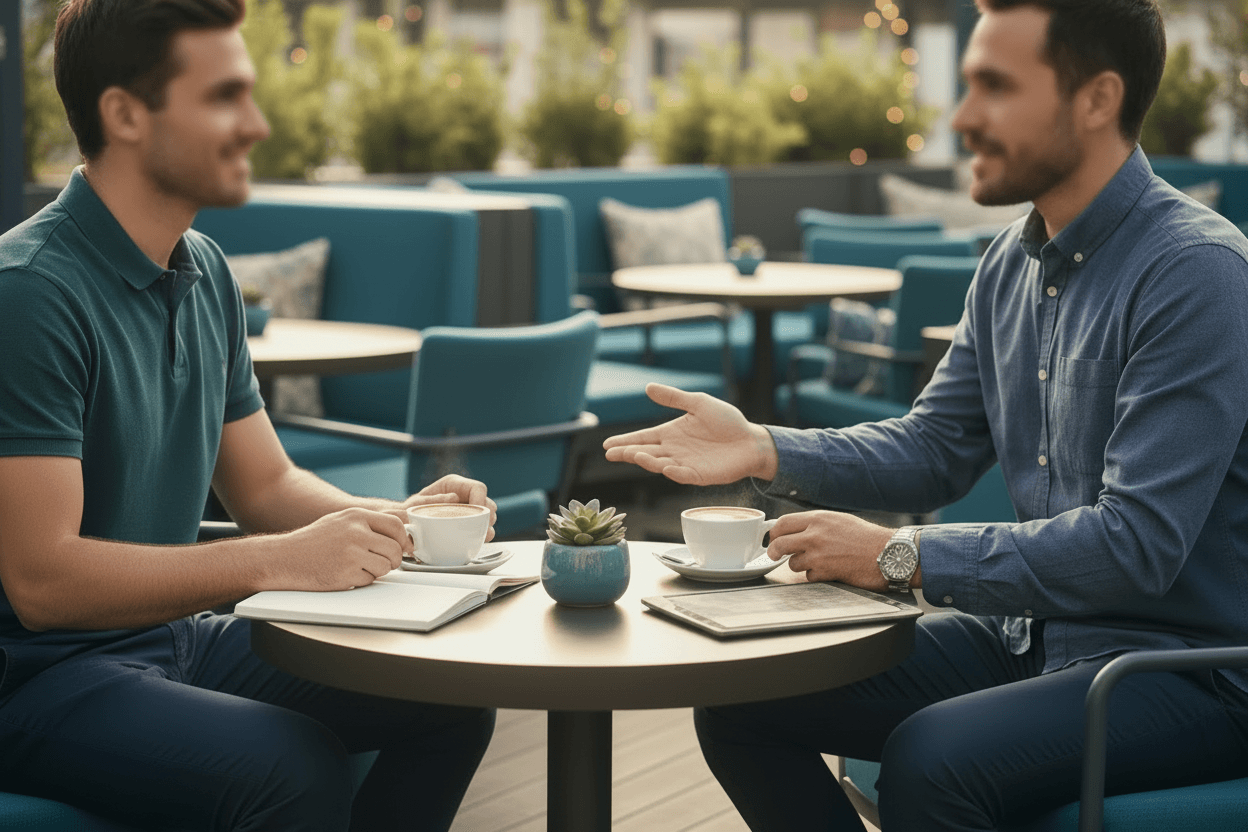 Dos hombres sentados en una terraza conversan con café, un cuaderno y una tableta.
