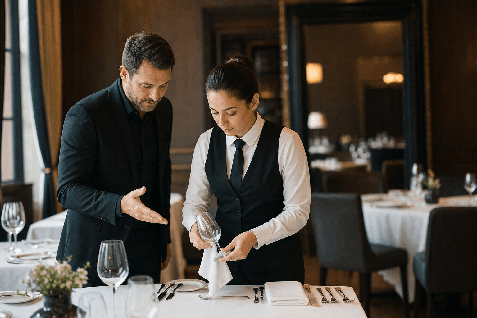 Consultor de restaurante guiando a un mesero en técnica de montaje de mesa en comedor de lujo con luz natural — imagen para sección Quiénes Somos