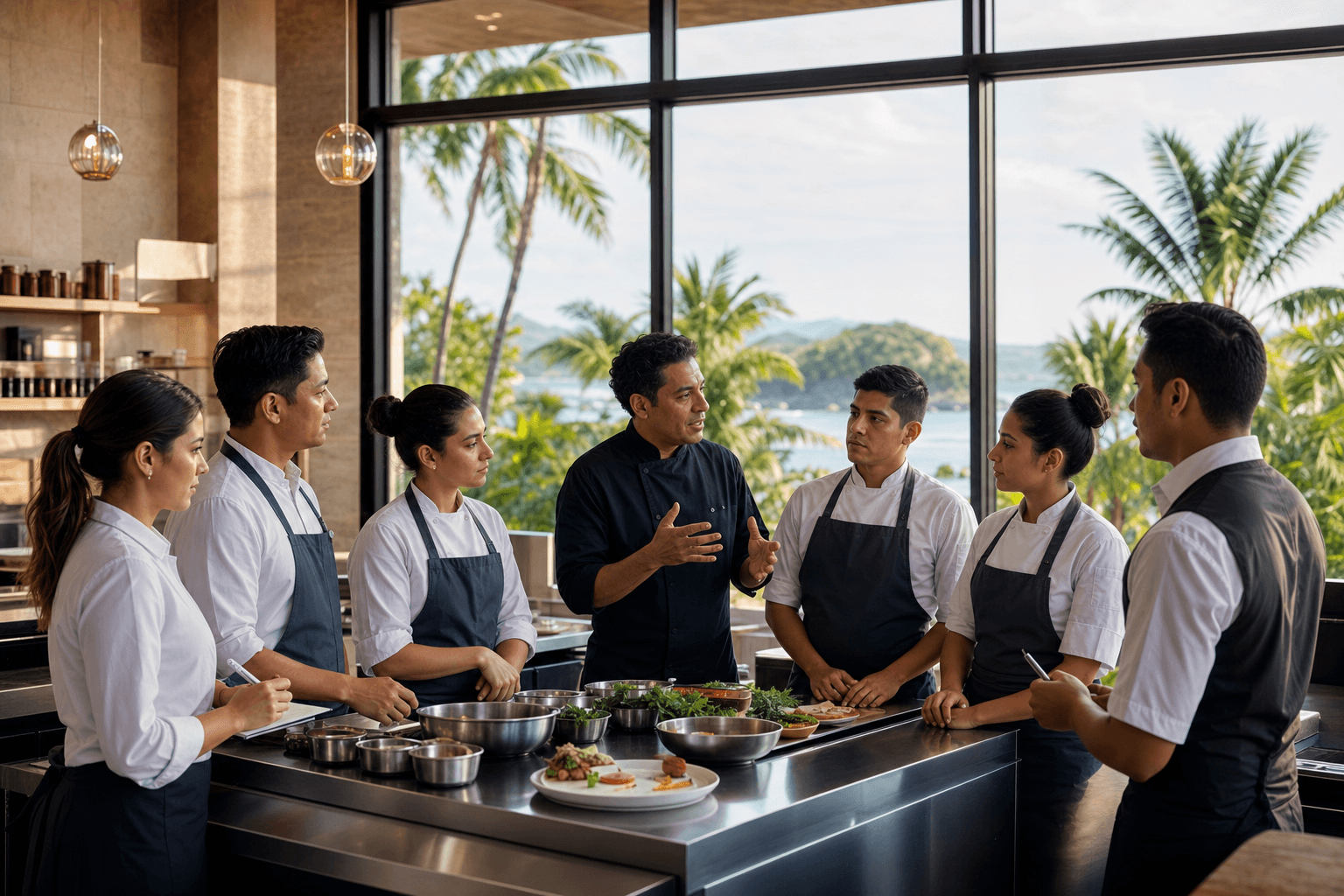 Restaurant team being trained by a consultant in a modern kitchen with a tropical Riviera Nayarit view through the windows