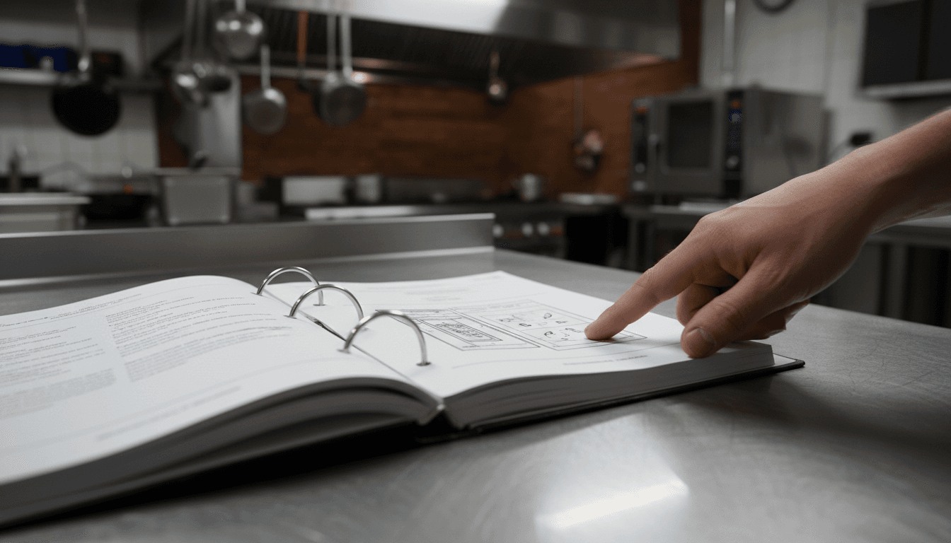 Manual de operaciones abierto en cocina industrial