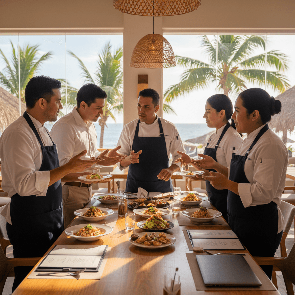 Team of chefs and consultants collaborating on menu design in a modern restaurant setting in Bucerías.