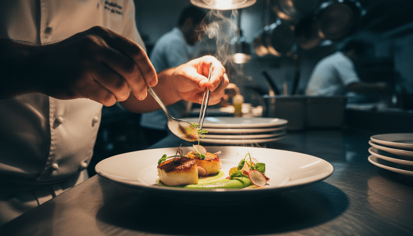 Manos de chef colocando los ingredientes finales en un plato durante el servicio en una cocina profesional con vapor y movimiento de fondo