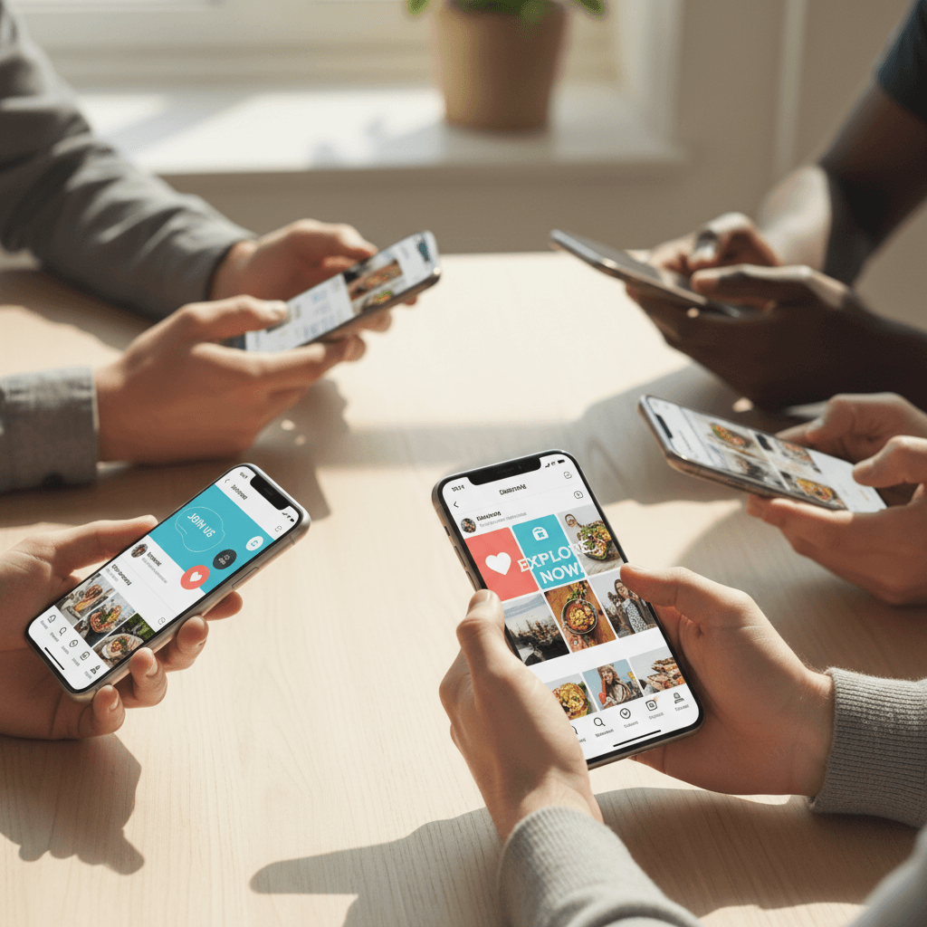 Multiple hands holding smartphones displaying colorful social media feeds and engagement features on a wooden table